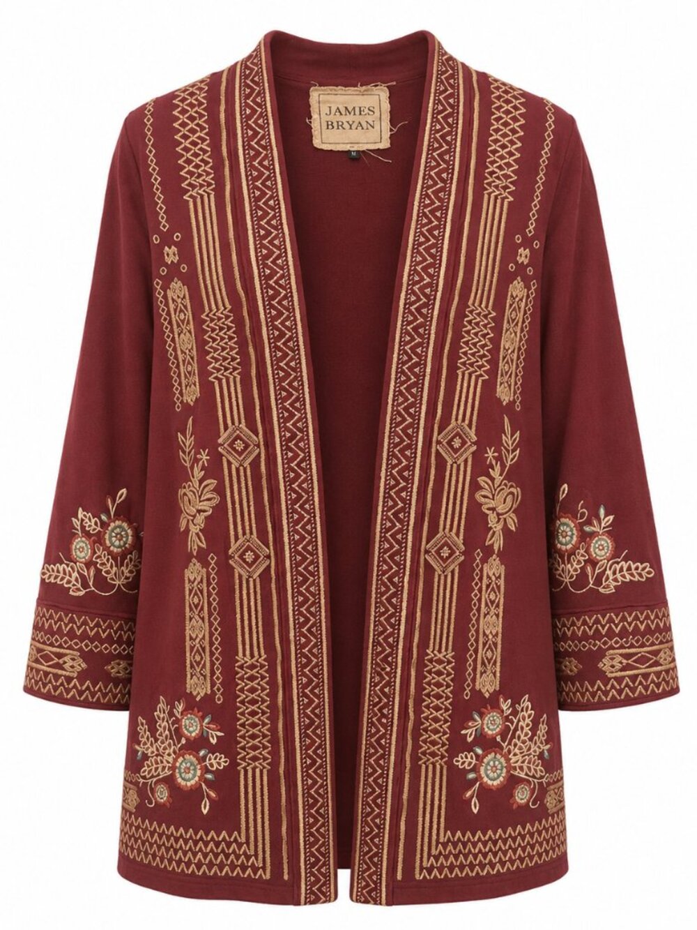 JAMES BRYAN Floral Cardigan Sz M Burgundy Embroidered Boho Western Duster Jacket